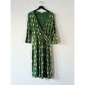 Boden Green Abstract Print Faux Wrap Midi Dress US 14L | Long Sleeve